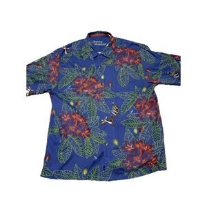 Tommy Bahama Shirt Mens Large Blue Silk Christmas Reindeer Camp Hawaiian Tropic